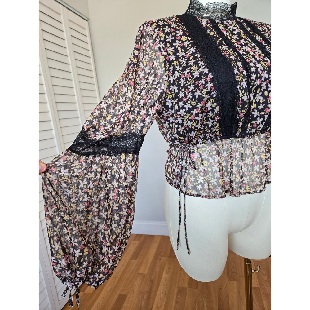 Topshop Floral Lace Trim Mock Neck Sheer Blouse Sz 10 Cottage Romantic Victorian - Picture 4 of 10